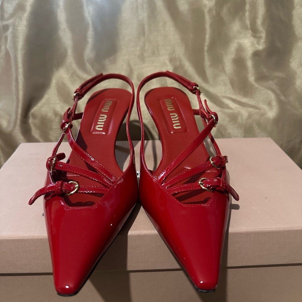 Miu Miu Red Patent Pointed Slingback Mules